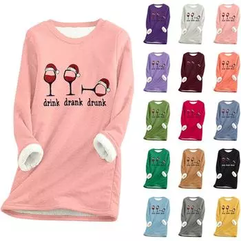 Женский круглый вырез с длинным рукавом и рождественским принтом, утолщенный плюшевый кашемировый теплый длинный топ L красный