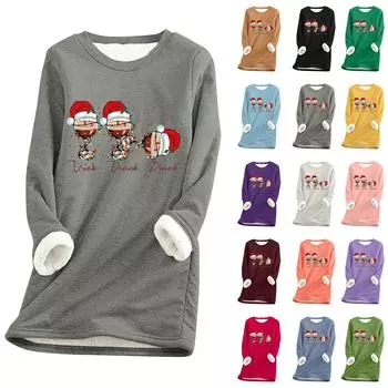 Женский круглый вырез с длинным рукавом и рождественским принтом, утолщенный плюшевый кашемировый теплый длинный топ M розовый