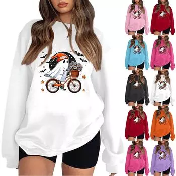 Женский круглый вырез с длинным рукавом, пуловер с принтом на Хэллоуин L