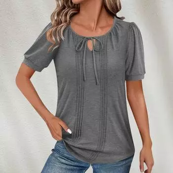 Женский круглый вырез с галстуком, модный повседневный однотонный топ с короткими рукавами M