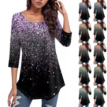 Женский круглый вырез с принтом фейерверков на пуговицах, закругленный низ и топ с рукавами 3/4 XXL циан