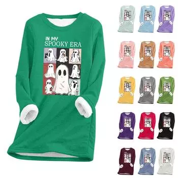 Женский круглый вырез с принтом Хэллоуина, утолщенный плюшевый кашемировый теплый длинный топ L синий