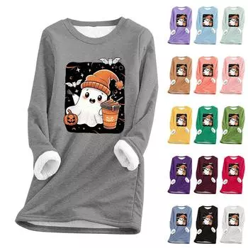 Женский круглый вырез с принтом Хэллоуина, утолщенный плюшевый кашемировый теплый длинный топ L зелёный