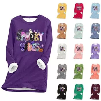 Женский круглый вырез с принтом Хэллоуина, утолщенный плюшевый кашемировый теплый длинный топ S