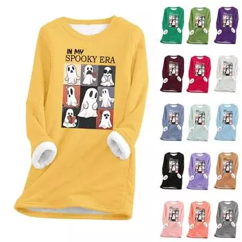 Женский круглый вырез с принтом Хэллоуина, утолщенный плюшевый кашемировый теплый длинный топ XL