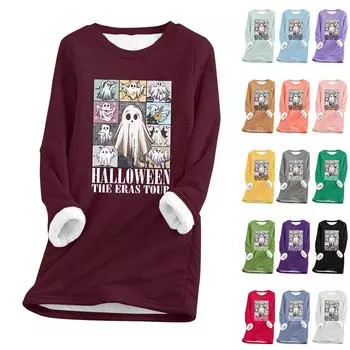 Женский круглый вырез с принтом Хэллоуина, утолщенный плюшевый кашемировый теплый длинный топ XL