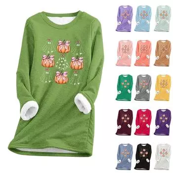 Женский круглый вырез с принтом Хэллоуина, утолщенный плюшевый кашемировый теплый длинный топ S