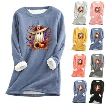 Женский круглый вырез с принтом Хэллоуина, утолщенный плюшевый кашемировый теплый длинный топ M