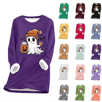 Женский круглый вырез с принтом Хэллоуина, утолщенный плюшевый кашемировый теплый длинный топ M чёрный