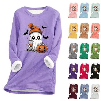 Женский круглый вырез с принтом Хэллоуина, утолщенный плюшевый кашемировый теплый длинный топ XXL синий