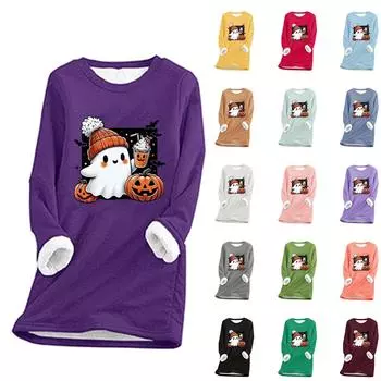 Женский круглый вырез с принтом Хэллоуина, утолщенный плюшевый кашемировый теплый длинный топ S серый