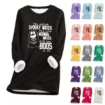 Женский круглый вырез с принтом Хэллоуина, утолщенный плюшевый кашемировый теплый длинный топ XXL