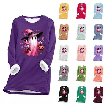 Женский круглый вырез с принтом Хэллоуина, утолщенный плюшевый кашемировый теплый длинный топ XXXL