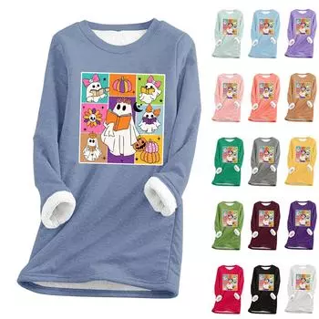 Женский круглый вырез с принтом Хэллоуина, утолщенный плюшевый кашемировый теплый длинный топ XL синий