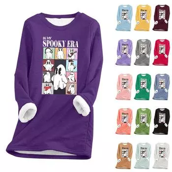 Женский круглый вырез с принтом Хэллоуина, утолщенный плюшевый кашемировый теплый длинный топ XL синий