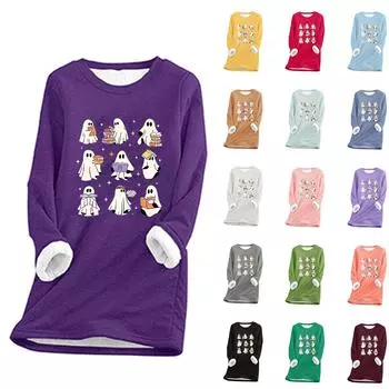 Женский круглый вырез с принтом Хэллоуина, утолщенный плюшевый кашемировый теплый длинный топ M чёрный