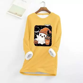 Женский круглый вырез с принтом Хэллоуина, утолщенный плюшевый кашемировый теплый длинный топ L жёлтый