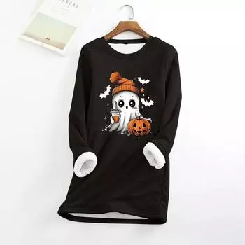 Женский круглый вырез с принтом Хэллоуина, утолщенный плюшевый кашемировый теплый длинный топ L чёрный