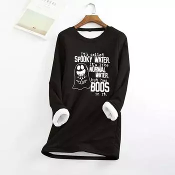 Женский круглый вырез с принтом Хэллоуина, утолщенный плюшевый кашемировый теплый длинный топ XXXL чёрный