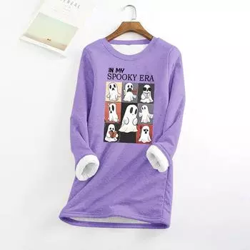 Женский круглый вырез с принтом Хэллоуина, утолщенный плюшевый кашемировый теплый длинный топ L фиолетовый