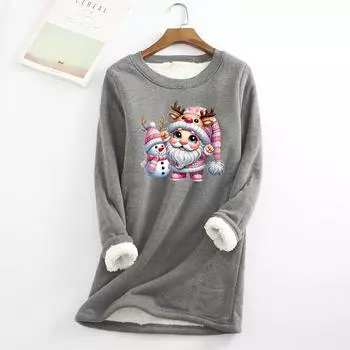 Женский круглый вырез с принтом из утолщенного плюша и кашемира, теплый длинный топ S