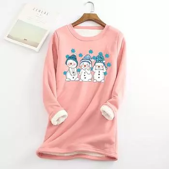 Женский круглый вырез с принтом из утолщенного плюша и кашемира, теплый длинный топ XXL