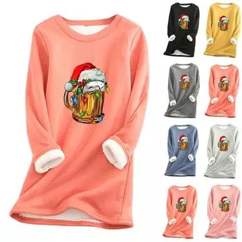 Женский круглый вырез с принтом из утолщенного плюша и кашемира, теплый длинный топ XXXL