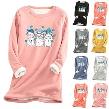 Женский круглый вырез с принтом из утолщенного плюша и кашемира, теплый длинный топ L чёрный