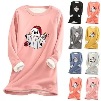 Женский круглый вырез с принтом из утолщенного плюша и кашемира, теплый длинный топ L чёрный