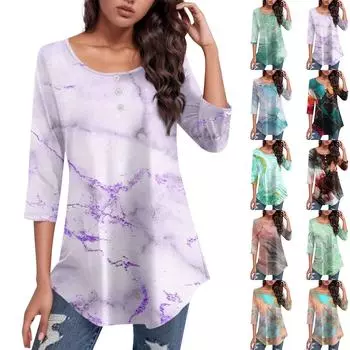 Женский круглый вырез с принтом на пуговицах, изогнутым краем и топом с рукавами 3/4 XL циан