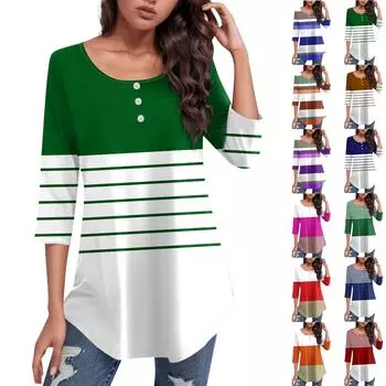 Женский круглый вырез с принтом в полоску на пуговицах, изогнутый низ и топ с рукавами 3/4 XXXL красный