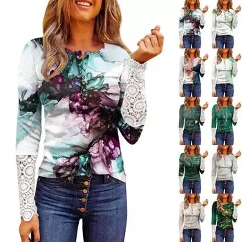 Женский круглый вырез с пуговицами, осенний тонкий кружевной топ с принтом и длинными рукавами XXL