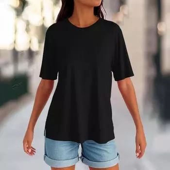 Женский круглый вырез с разрезом по низу, модный повседневный однотонный топ с короткими рукавами L чёрный