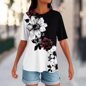 Женский круглый вырез с разрезом по низу, модный повседневный однотонный топ с короткими рукавами L чёрный