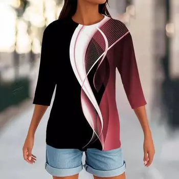 Женский круглый вырез с разрезом по низу, модный повседневный однотонный топ с рукавом три четверти M винный