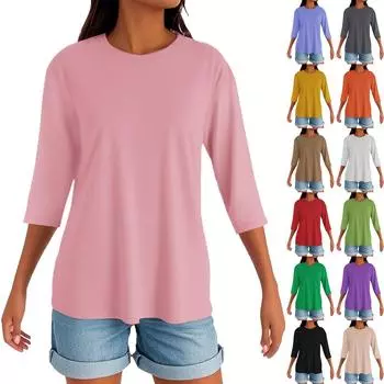 Женский круглый вырез с разрезом по низу, модный повседневный однотонный топ с рукавом три четверти L белый