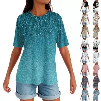 Женский круглый вырез с разрезом по низу, модный повседневный однотонный топ с короткими рукавами M циан