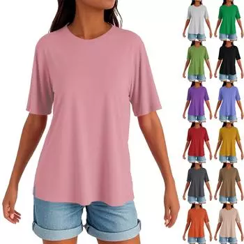Женский круглый вырез с разрезом по низу, модный повседневный однотонный топ с короткими рукавами S
