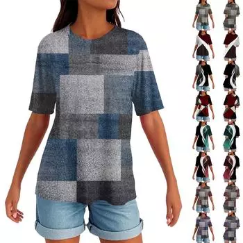 Женский круглый вырез с разрезом по низу, модный повседневный однотонный топ с короткими рукавами L синий