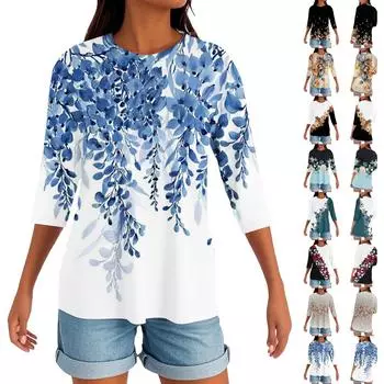 Женский круглый вырез с разрезом по низу, модный повседневный однотонный топ с рукавом три четверти XXL