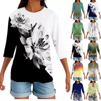 Женский круглый вырез с разрезом по низу, модный повседневный однотонный топ с рукавом три четверти L синий