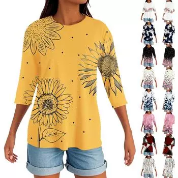 Женский круглый вырез с разрезом по низу, модный повседневный однотонный топ с рукавом три четверти XXXL