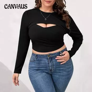 Женский круглый вырез с узким низом, поддельный, два коротких утягивающих топа с длинным рукавом 1XL чёрный
