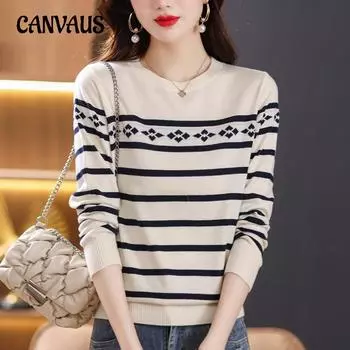 Женский круглый вырез, трикотажный, с длинными рукавами, весенне-осенний полосатый топ, модный темпераментный свитер, свободная рубашка One Size белый