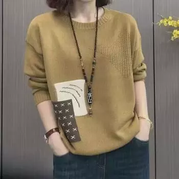 Женский круглый вырез в этническом стиле шерстяной вязаный свитер весна-осень модный повседневный свободный контрастный цвет длинный рукав пуловер XXXXL зелёный