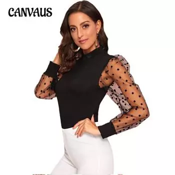 Женский кружевной эластичный свободный прозрачный топ в горошек с длинными рукавами S чёрный