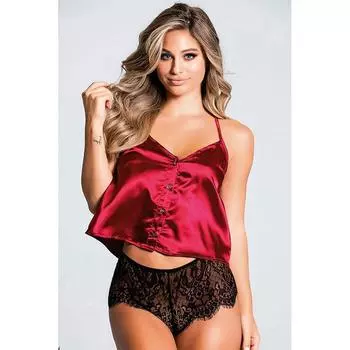Женский кружевной атласный костюм на бретельках красный