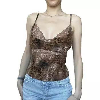 Женский кружевной ажурный топ на бретельках с леопардовым принтом и v-образным вырезом L