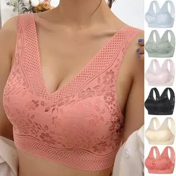 Женский кружевной беспроводной бюстгальтер с v-образным вырезом, сексуальный красивый дышащий тонкий бюстгальтер сзади M бежевый