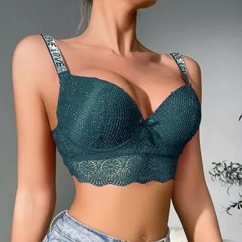 Женский кружевной бюстгальтер со стразами, нижнее белье с подкладкой, сборный бюстгальтер без косточек 75B-90 B Cup 85B зелёный